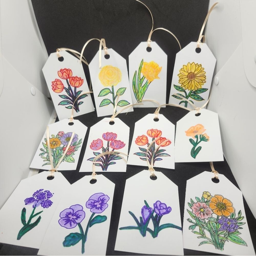 Hand Crafted  Floral  Colorful Gift Tags Thank You Cards Set of 12